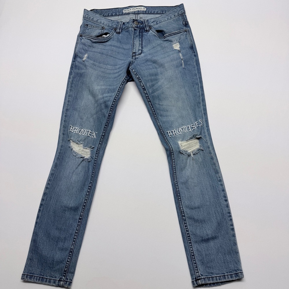 Broken Promises Co Mens Blue Distressed Embroidered Slim Fit Jeans Size 29